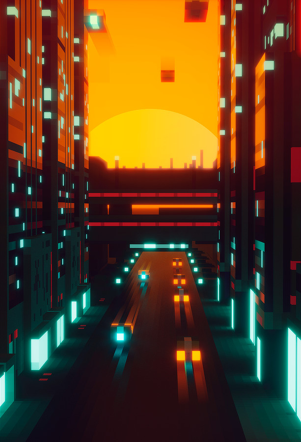 ville futuriste en voxels