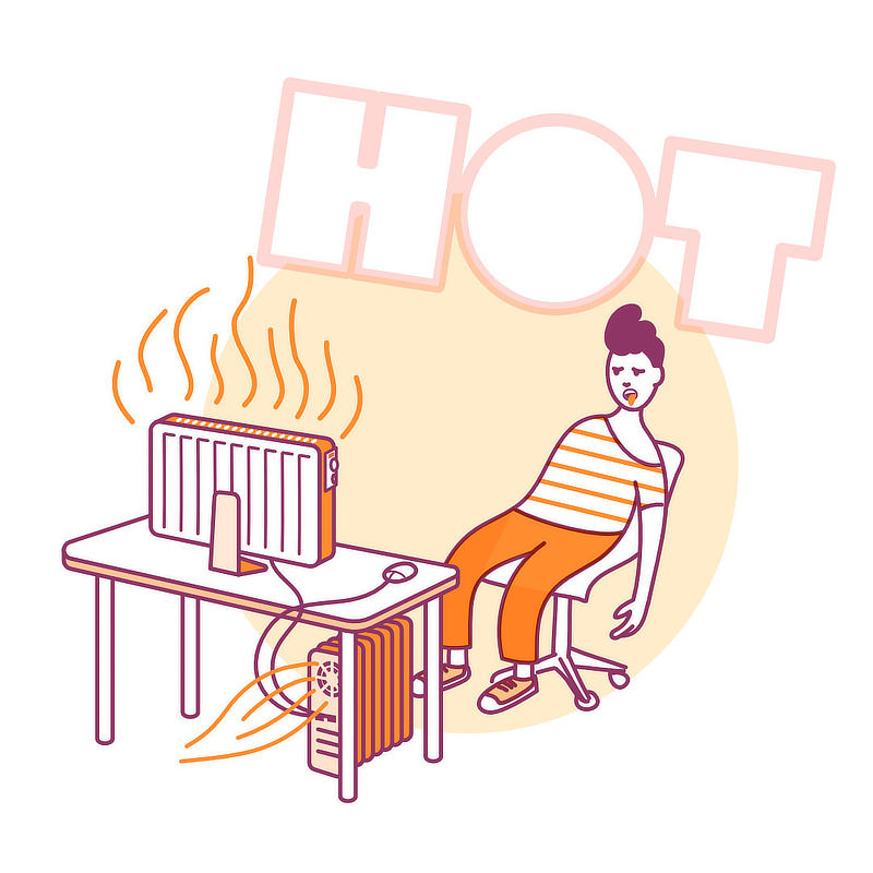 personnage qui creve de chaud face à son ordinateur
