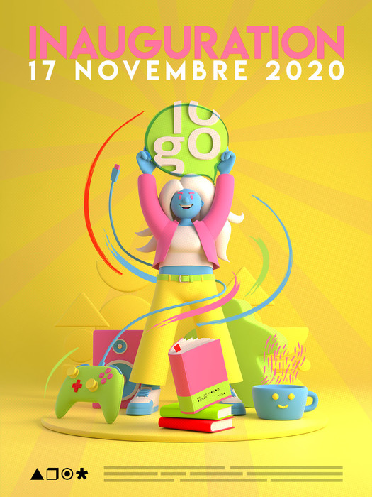 affiche jaune avec personnage bleu